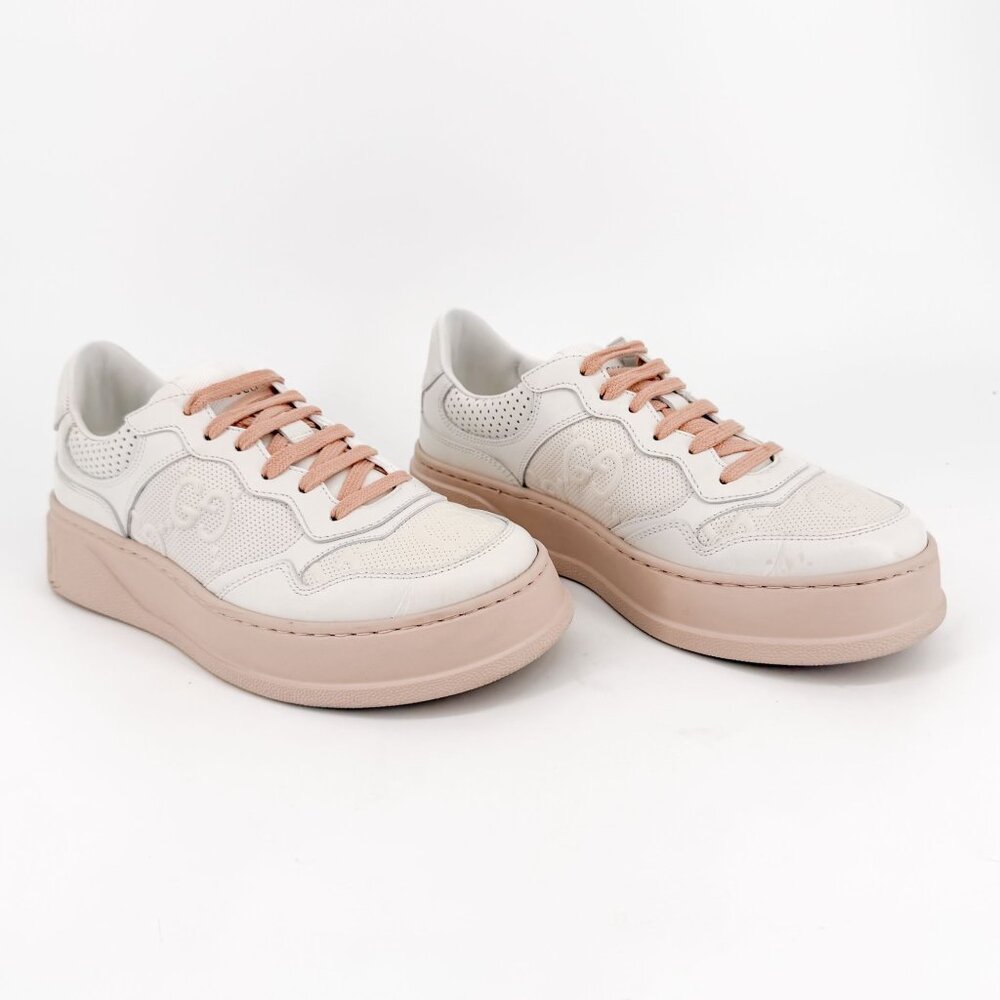 Gucci GG Embossed Leather Platform Sneakers Shoes White Size 38 US 8 Women’s